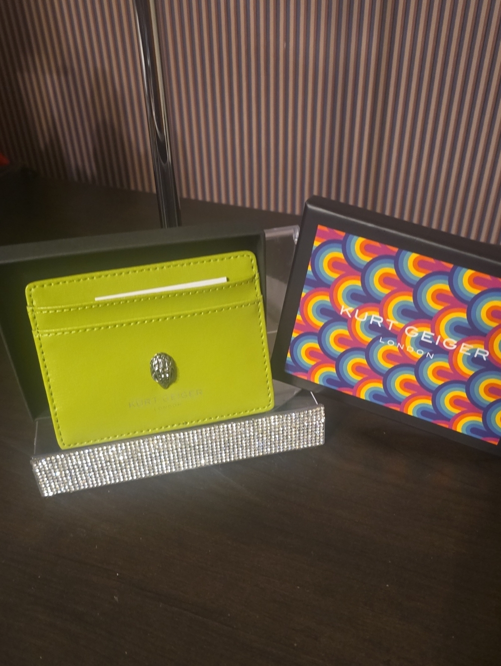 Kurt Geiger Neon Green Leather Card Holder with Skull Stud